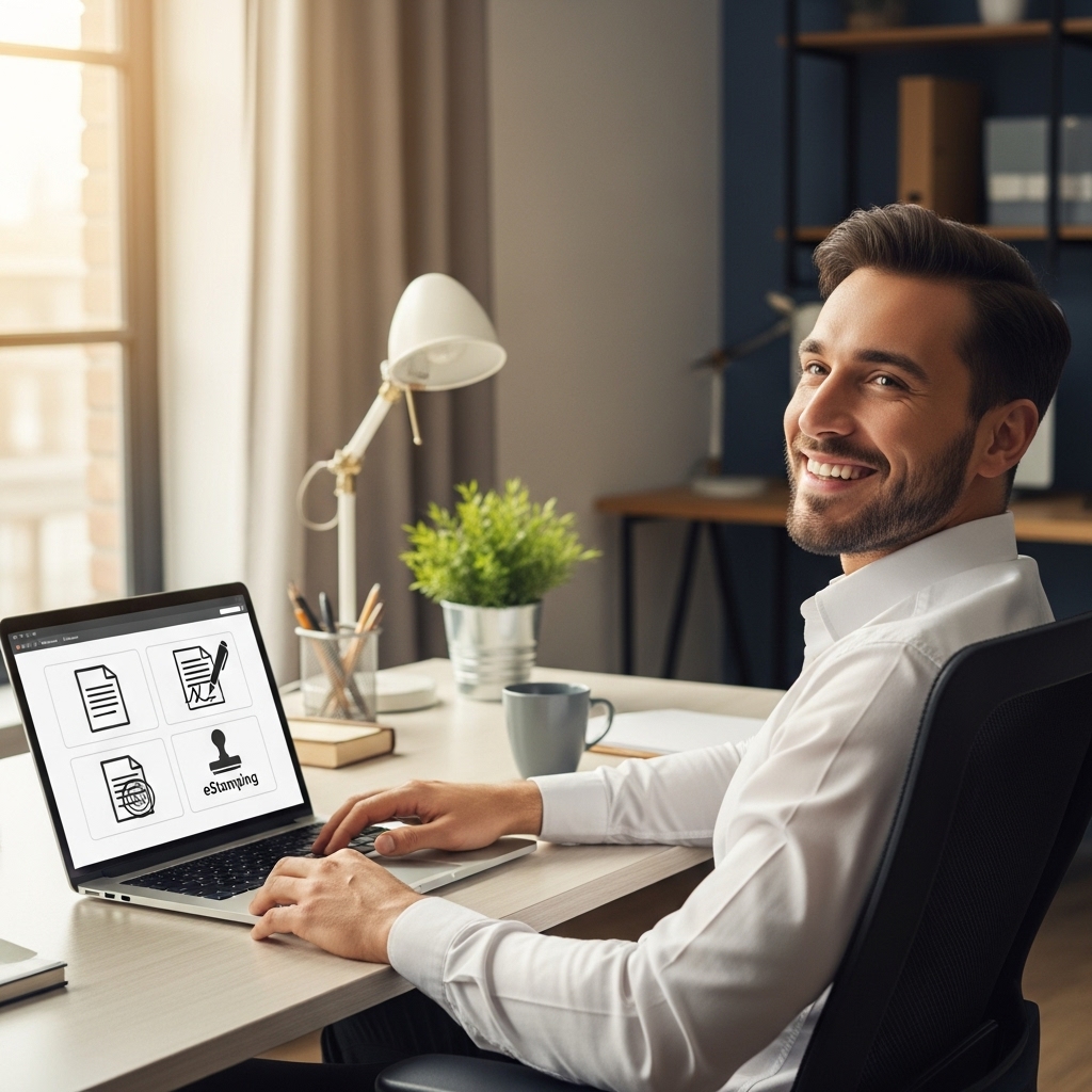 Smiling man with a laptop